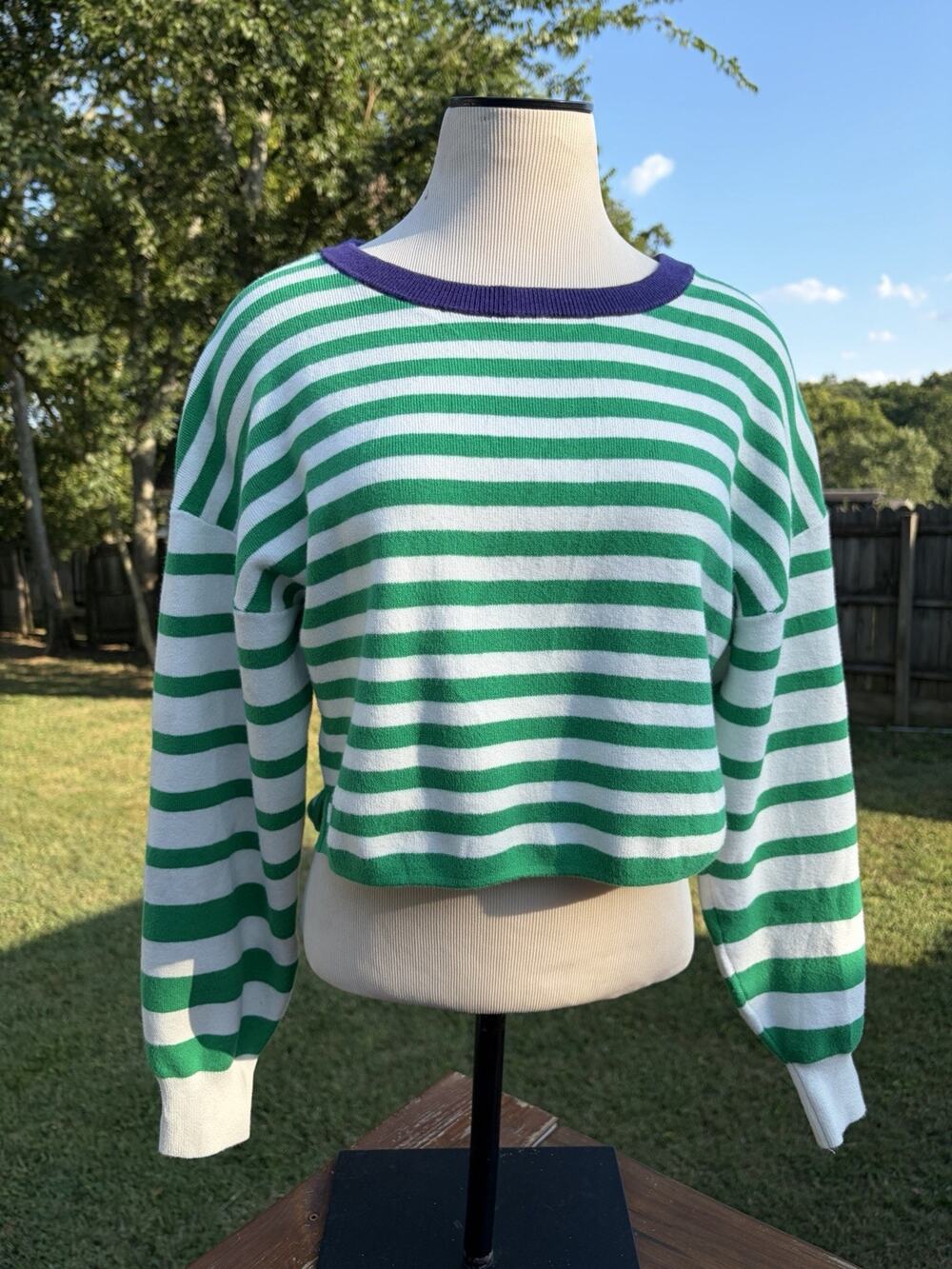 Anthropologie Daily Practice Green Stripe Crop Sweater Preppy Tennis Small